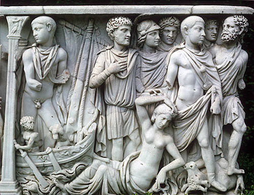 Theseus abandons Ariadne on Naxos, marble Roman Sarcophagus, circa 240-250, bought in Rome by Lord Astor, Cliveden House, Buckinghamshire, England