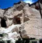Turkey, Cappadocia, where the rock face has fallen away on the right is the escape chimney from the church and on the left is a monastic cell